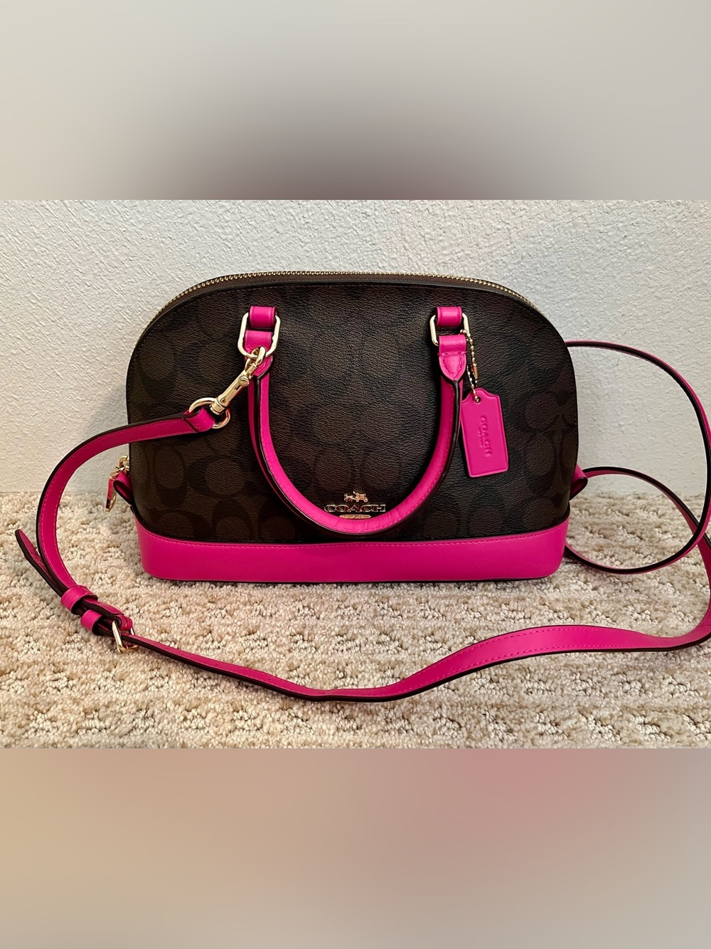 Coach Mini Sierra Dome
Satchel Crossbody bag purse Dark Brown, Hot Pink with COA